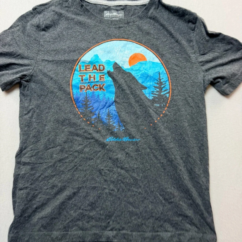 Eddie Bauer Graphic Tee Kids Large 14/16 Grey Excellent Lead The Pack Wolf